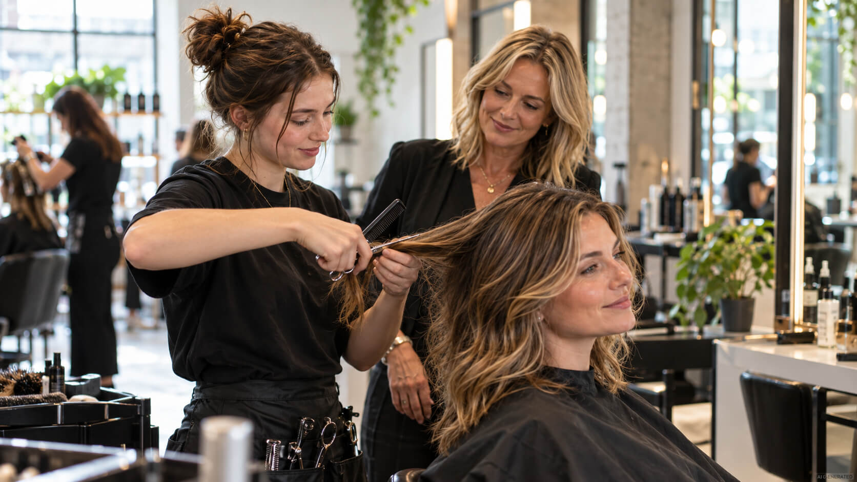 Friseurin beim Haarstyling einer Kundin in einem modernen Friseursalon